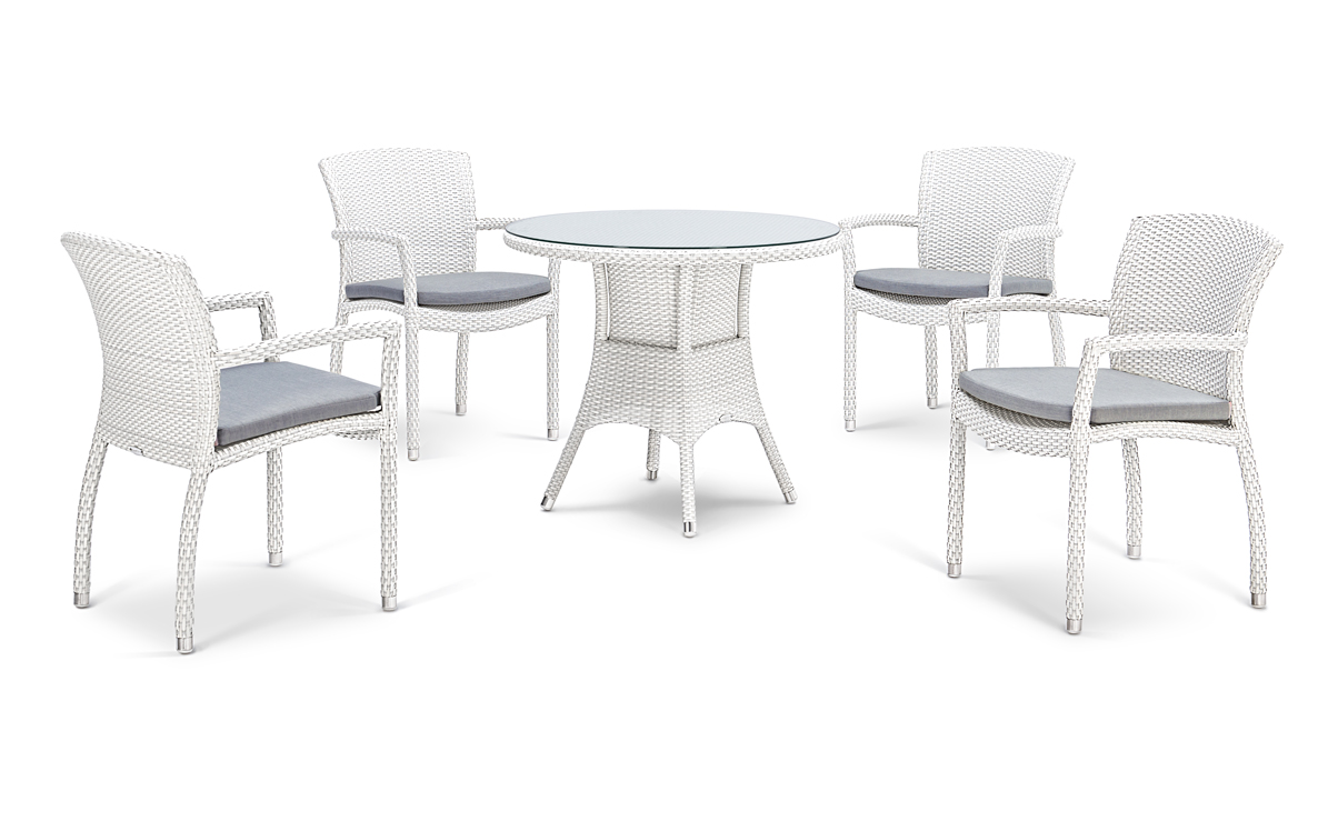 CATALONIA DINING SET <br>4 CHAIRS & TABLE Ø90CM <br>INC CLEAR GLASS TOP
