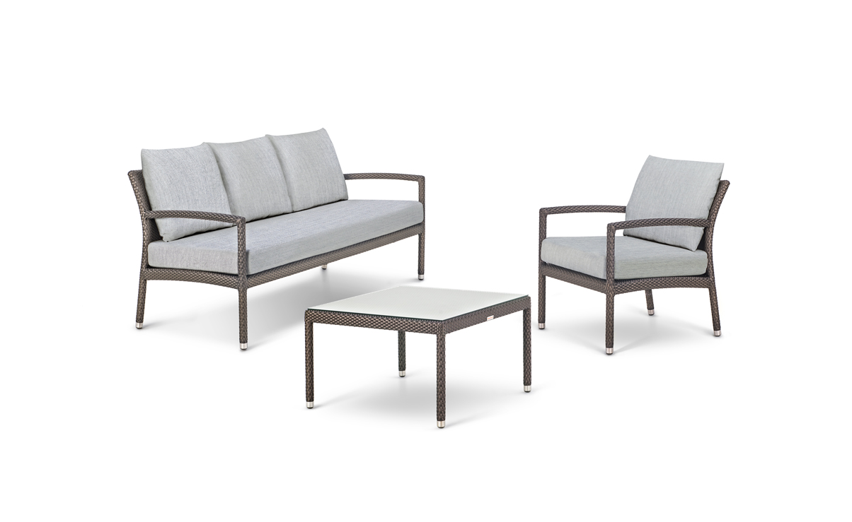 FLO LOUNGE SET <br>3 SEATER SOFA <br>LOUNGE CHAIR & <br>COFFEE TABLE 80X80CM <br>INC CLEAR GLASS TOP